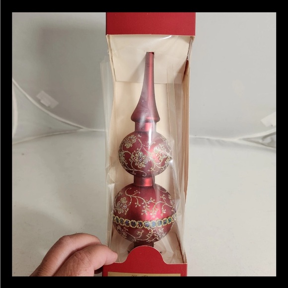 Vintage Christmas By Krebs Red Blown Glass Tree Topper Hand Decorated In Package - Picture 1 of 8